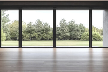Obraz premium Large modern window overlooking a lush garden and trees during calm daylight