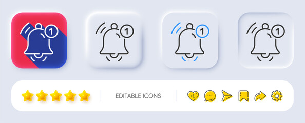 Reminder line icon. Neumorphic, Flat shadow, 3d buttons. Notice bell sign. Notification new message symbol. Line reminder icon. Social media icons. Vector