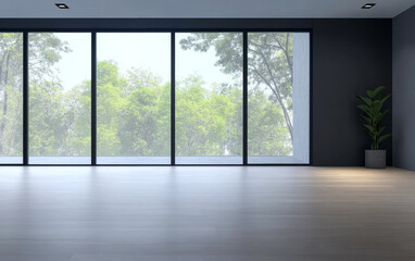 Obraz premium Modern empty room with large windows showcasing green trees outside