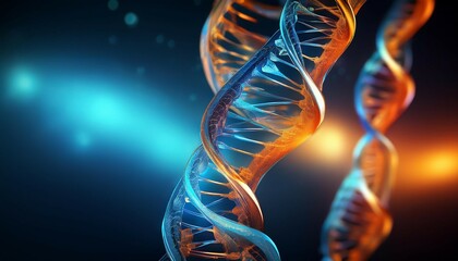 a vibrant visualization of dna strands in blue and orange representing genetic science and molecular biology on a dark background