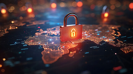 Cybersecurity concept A glowing red padlock rests on a futuristic, illuminated world map, symbolizing global data protection and network security.