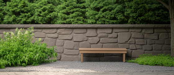 Fototapeta premium Tranquil garden setting with a wooden bench and stone wall in serene surroundings