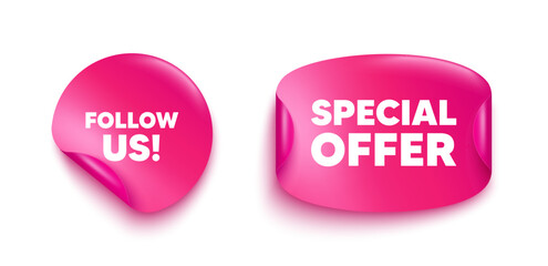 Follow us sticker banner. Paper price label. Follow us tag. Special offer sign. Super offer symbol. Paper sticker with message. Offer label banner. Vector