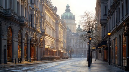 Obraz premium Snowy city street sunrise, buildings, fog, calm. Use Travel brochure