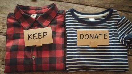 Fototapeta premium Folded shirt with keep and donate labels on wood