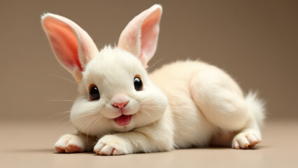 Fototapeta premium A cute bunny with open eyes is smiling, he is lying on his back, his paws are raised up, he has a fluffy tail and beautiful ears 