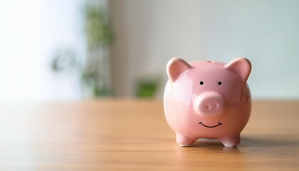 small ceramic pink piggy bank money box saving on the table