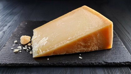 a wedge of parmesan cheese on a slate board
