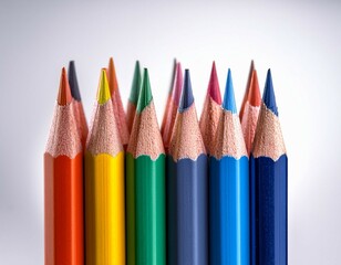 Fototapeta premium close up of sharply sharpened colored pencils in a row on a white background