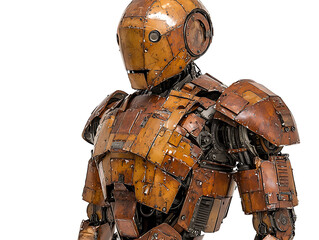 Rustic steampunk robot, detailed closeup.  Intricate metallic design with aged, weathered textures.