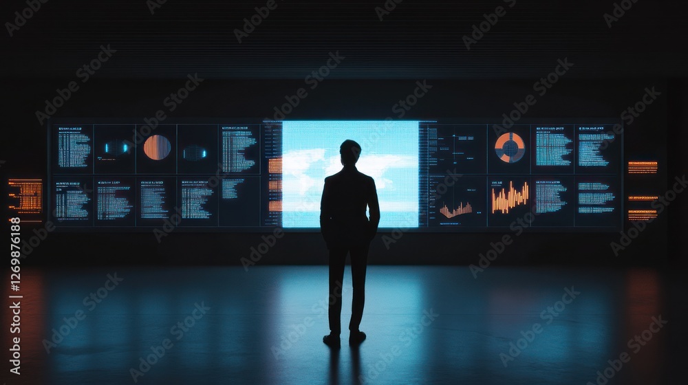 Poster man analyzing global data on large screen in futuristic control room