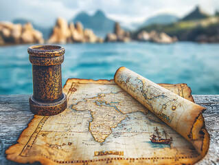 Vintage treasure map and spyglass on weathered wood, overlooking a tranquil ocean.  Evokes adventure, discovery, and hidden secrets. Perfect for travel, exploration, or historical themes.