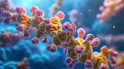 Vivid 3D rendering of molecular structures depicting proteins and enzymes in dynamic biological interactions Symbolizing life sciences innovation and complexity Modern bright tone with blank space

