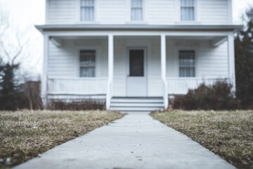 Front walkway leading to a white wooden house on a cloudy day