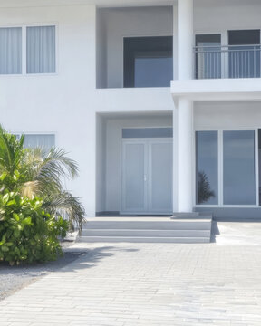 Modern beach house exterior with steps and palm trees under clear skies
