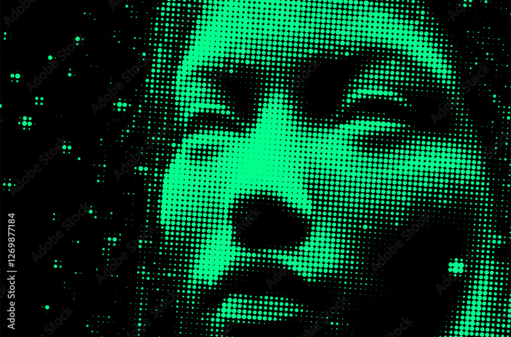 Poster vector illustration of a green pixelated face emerging from darkness, with parts dissolving into dig