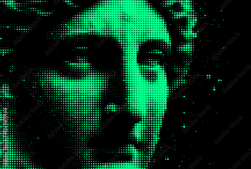 Aufkleber vector illustration of a green pixelated face emerging from darkness, with parts dissolving into dig