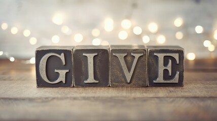 The word give is spelled out using wooden blocks