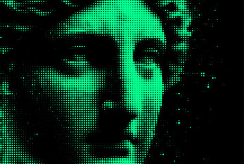 Vector illustration of a green pixelated face emerging from darkness, with parts dissolving into digital dots. It conveys a futuristic, abstract theme blending technology and human elements.