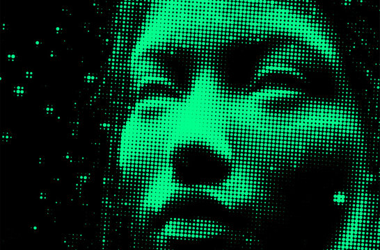 Vector illustration of a green pixelated face emerging from darkness, with parts dissolving into digital dots. It conveys a futuristic, abstract theme blending technology and human elements.