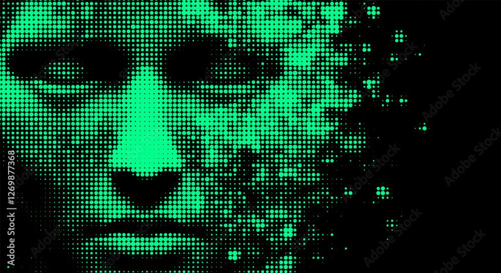 Poster vector illustration of a green pixelated face emerging from darkness, with parts dissolving into dig
