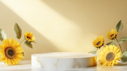 Bright Sunflowers Arranged Around a Marble Pedestal in a Soft, Neutral-Toned Setting Creating a Warm and Inviting Atmosphere