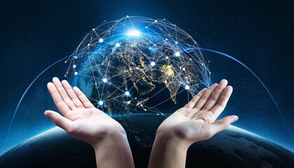 global connectivity hands cradle interconnected data network above planet earth at night