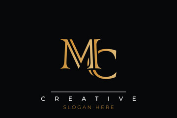 Sophisticated gold MC monogram logo on a sleek black background, ideal for branding, creative design, and luxurious themes.