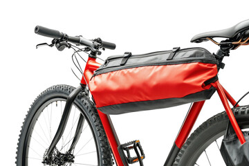 Exploring rugged trails with a sleek red and black bicycle bag in a vibrant outdoor setting isolated on transparent background