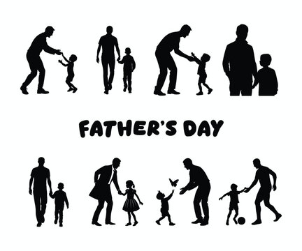 Fathers Day Illustration silhouette dad son daughter, silhouette set collection
