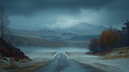 Snowy mountain road autumn mist landscape photography
