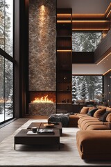 Fototapeta premium Cozy Bedroom With Large Window Overlooking Snowy Forest During Winter Evening