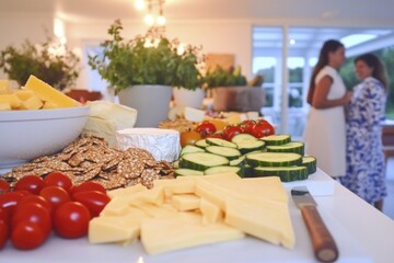 Elegant indoor reception with abundant cheese and vegetable spread