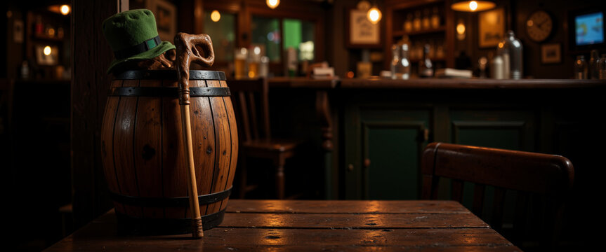 A wooden barrel adorned with a green leprechaun hat and a cane evokes a celebratory atmosphere, representing St. Patrick's Day festivities in a cozy pub setting