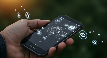 A futuristic digital wallet interface displayed on a smartphone, with glowing blockchain icons in the background, 16:9