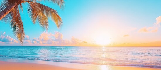 Obraz premium Serene Tropical Sunset Beach Scene With Palm Tree