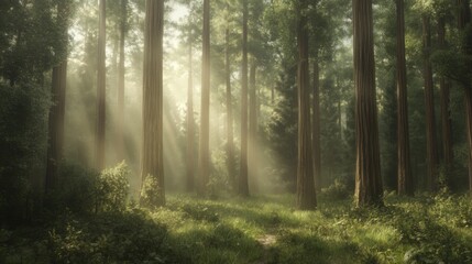Obraz premium Sunlight filtering through misty forest