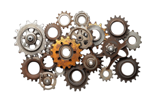 Intricate arrangement of rusty gears showcasing the beauty of mechanical design and innovation isolated on transparent background