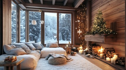 Cozy Winter Living Room Decorated for Holidays With a View of Snowy Landscape and Warm Ambiance From Candles and a Fireplace