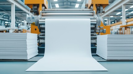 High-speed printing press in industrial facility with blank paper rolls and stacks, showcasing modern manufacturing processes