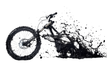 A striking display of a mountain bike splashing through vibrant black liquid in motion isolated on transparent background