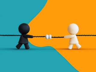 Playful tug of war between two colorful characters symbolizing conflict and cooperation in diverse relationships