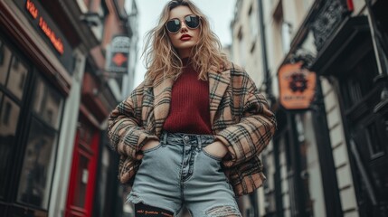 Obraz premium Young Woman in Stylish Outfit Poses Confidently on Urban Steps in a Trendy Neighborhood During Daylight Hours