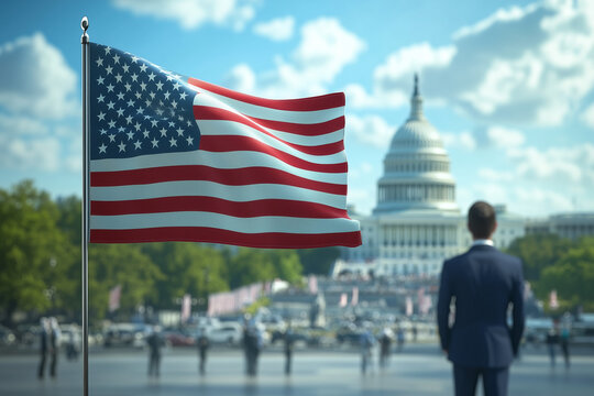 Bandera de Estados Unidos de Am&eacute;rica ondeando cerca del Capitolio