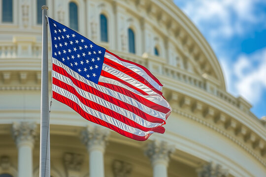 Bandera de Estados Unidos de Am&eacute;rica ondeando cerca del Capitolio
