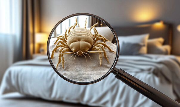 Una lupa sobre un textil de una cama muestra &aacute;caros por la falta de limpieza