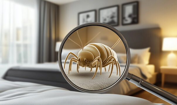 Una lupa sobre un textil de una cama muestra &aacute;caros por la falta de limpieza