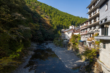 The Hidaka River and village in Ryujin in Asia, Japan, Kansai, Ryujin, in summer, on a sunny day.
