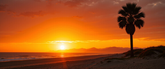 Sunset Over Ocean with Silhouetted Palm Tree Conveying Serenity and Tranquility on a Beach