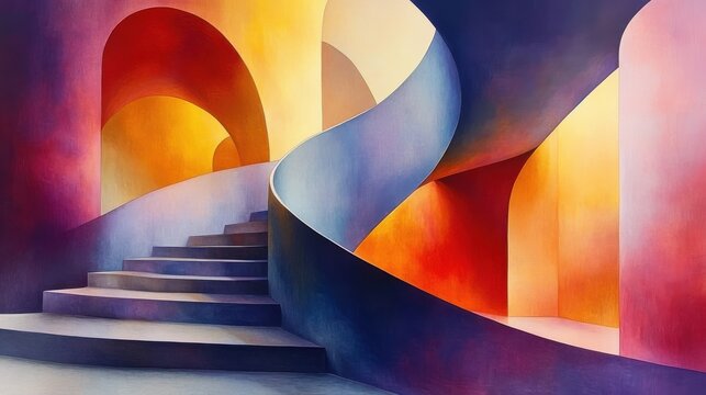 Abstract Bright Staircase with Colorful Arches and Curved Walls